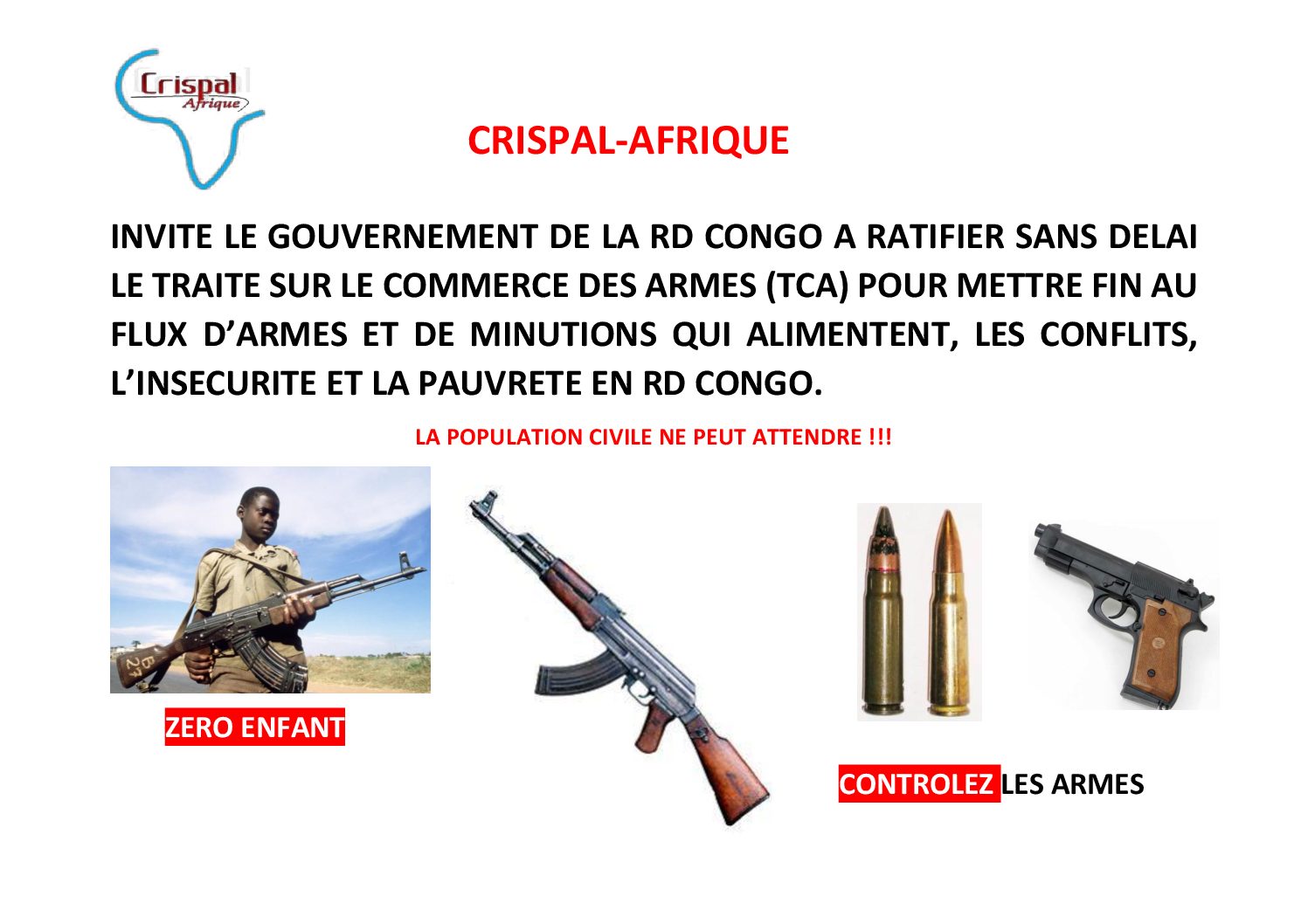 RDC: Crispal-AFrique impose au gouvernement Congolais à ratifier le traité sur les commerces  des armes