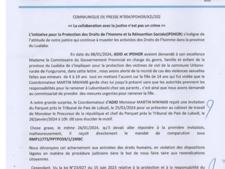 Lualaba: Poursuite judiciaire contre M. Mwamb, les ONG haussent le ton