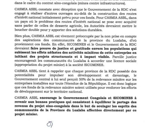 RDC-projet infrastructures de SICOMINES:CASMIA s’inquiète