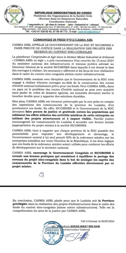 RDC-projet infrastructures de SICOMINES:CASMIA s’inquiète