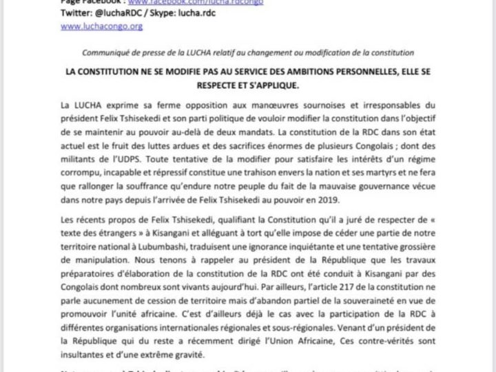 Lubumbashi: Lucha dit non à la révision de la constitution