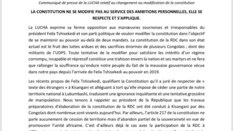 Lubumbashi: Lucha dit non à la révision de la constitution