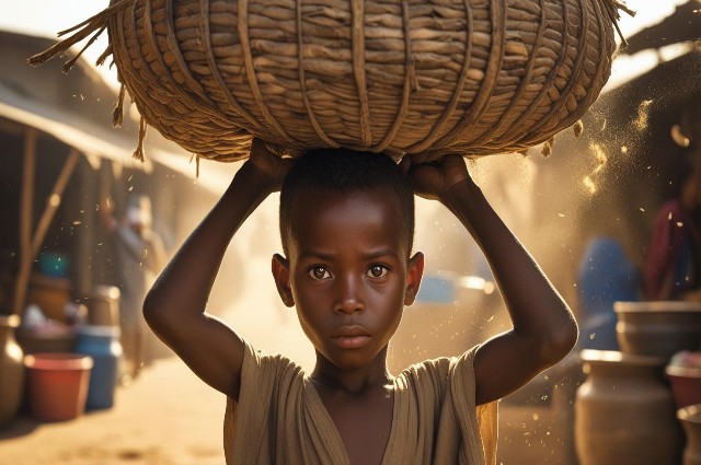 Un enfant africain avec une farde d'eau sur sa tête en train de vendre