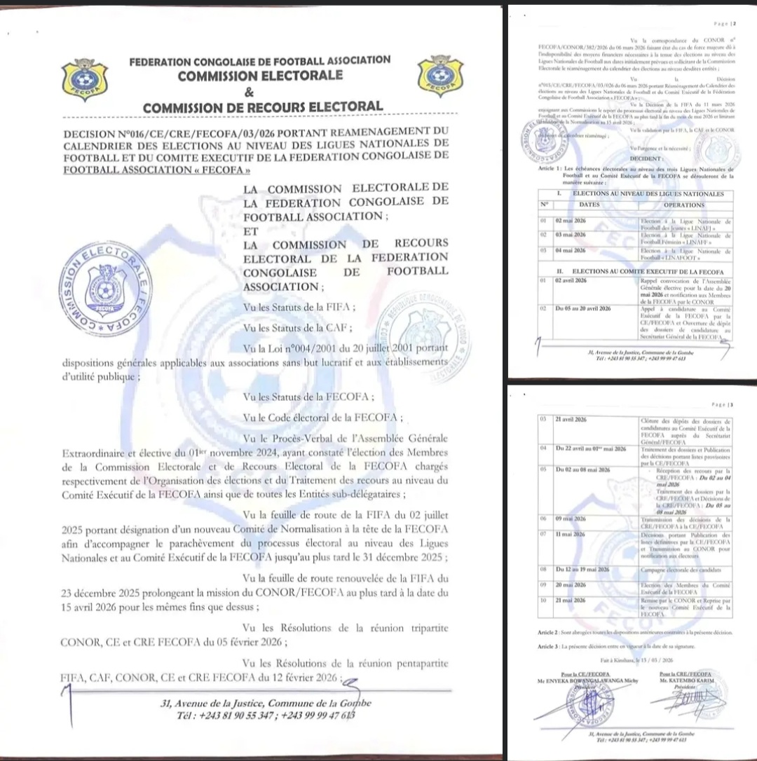 La FECOFA publie un nouveau calendrier électoral jusqu’au 20 mai