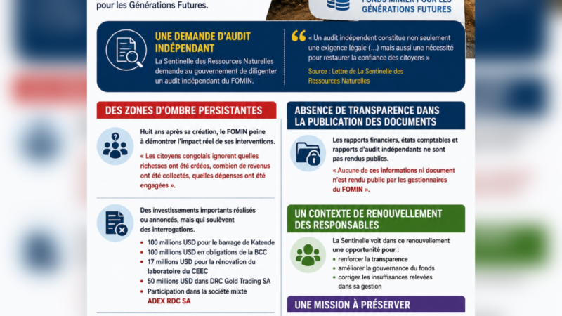 RDC: l&rsquo;ONG La Sentinelle appelle à un audit du FOMIN