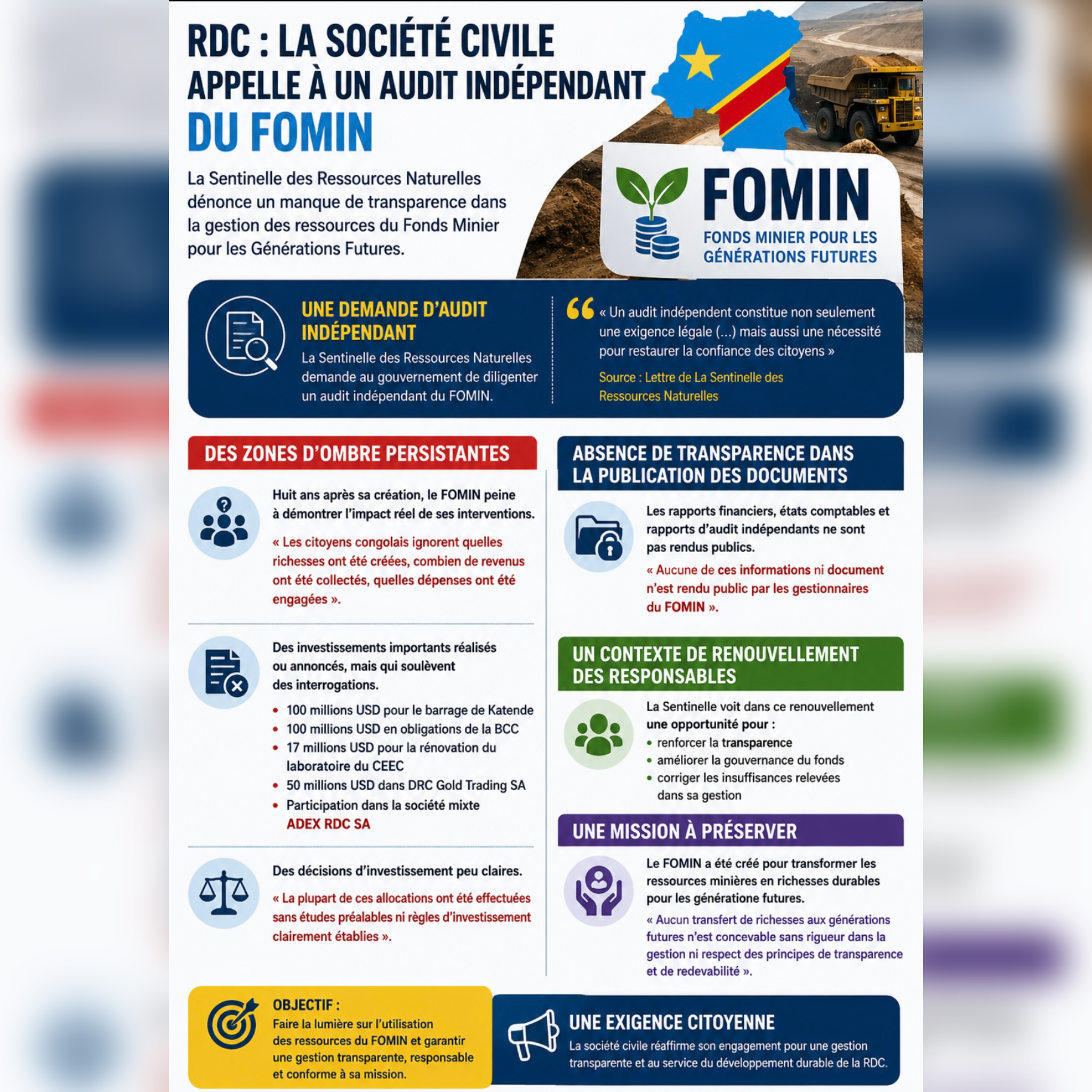 RDC: l&rsquo;ONG La Sentinelle appelle à un audit du FOMIN