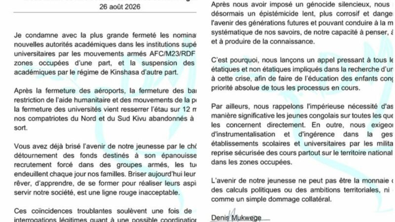 RDC: Denis Mukwege condamne la suspension des activités académiques à l’Est