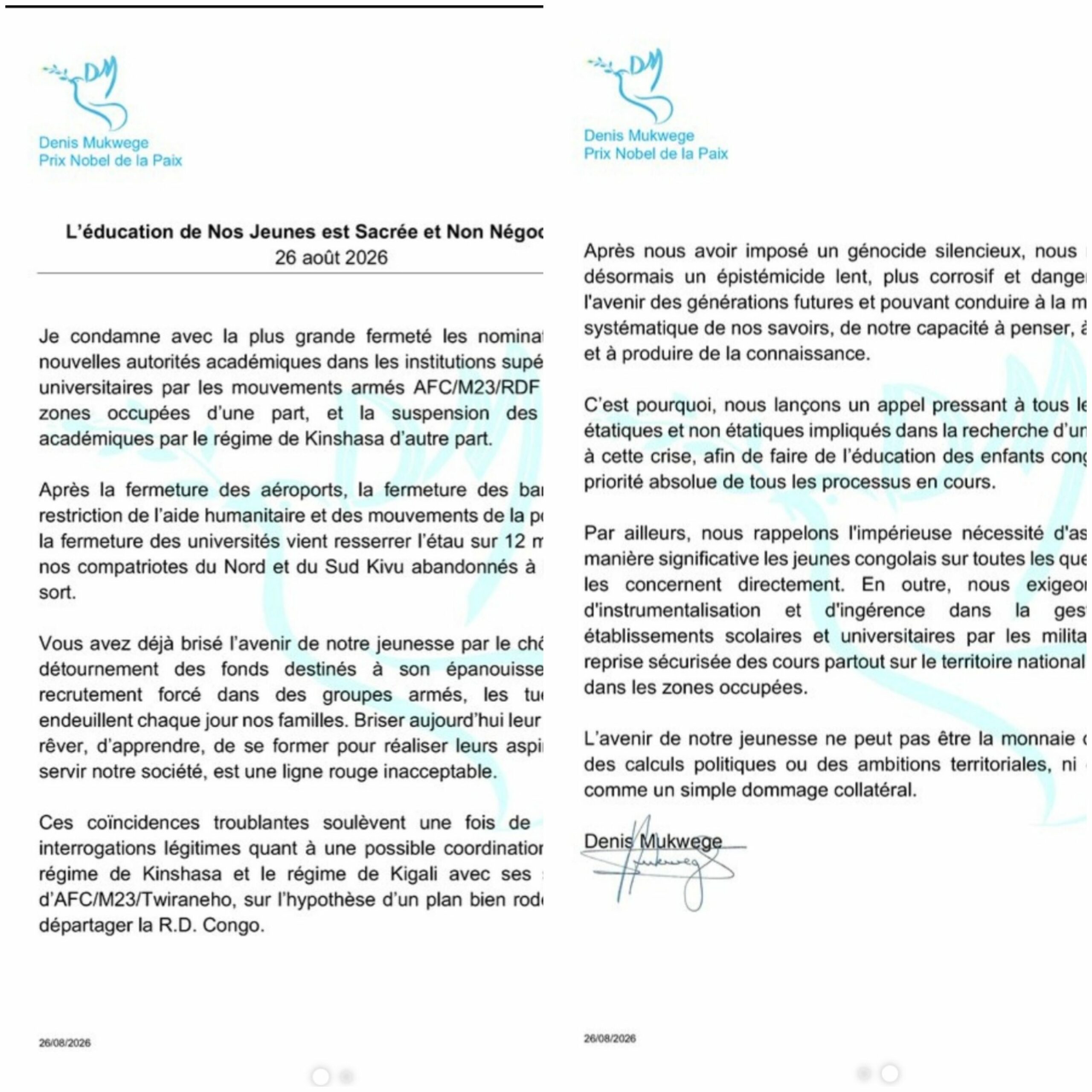 RDC: Denis Mukwege condamne la suspension des activités académiques à l’Est