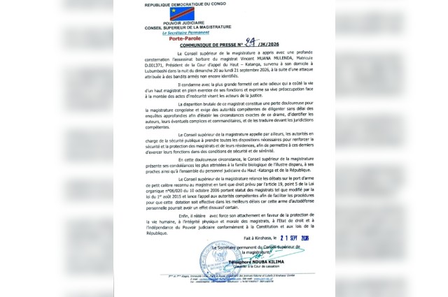 RDC : après la mort du Magistrat Vincent Muana Mulenda le CSM relance le débat sur le port d’arme
